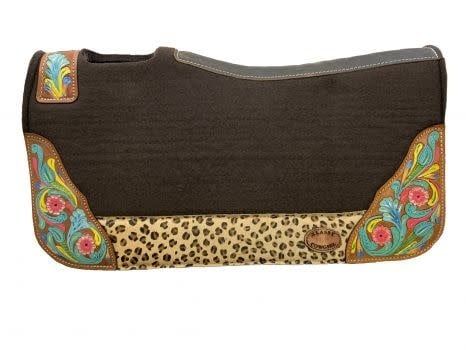 KLASSY COWGIRL SADDLE PAD WITH CHEETAH PRINT &amp; PAINTED FLOWER DESIGN