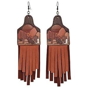 LEATHER EARRINGS COW TAG W/SUEDE FRINGE