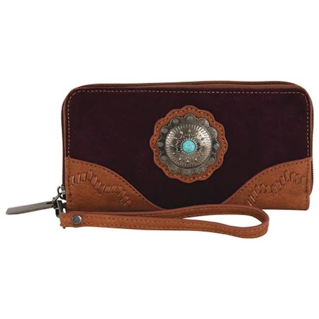 TONY LAMA LADIES WALLET W/ WRISTLET TAN AND MERLOT SUEDE