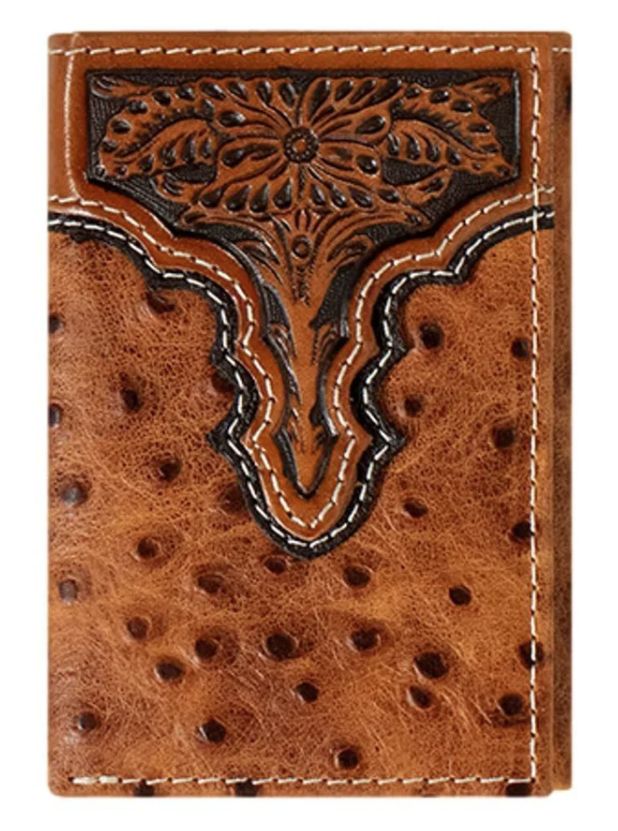 A3553202 ARIAT MEN&#39;S TRIFOLD OSTRICH EMBOSSED BROWN WALLET