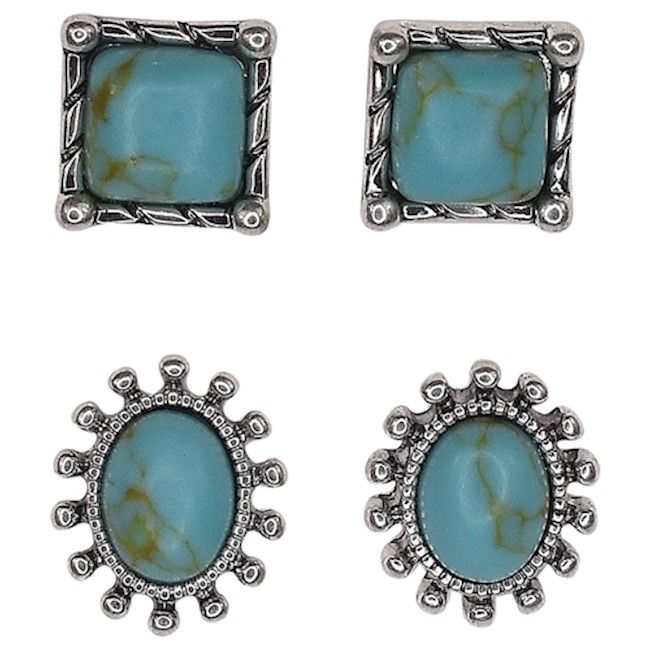 JUSTIN SQUARE AND OVAL FRAMED TURQUOISE STONE EARRINGS