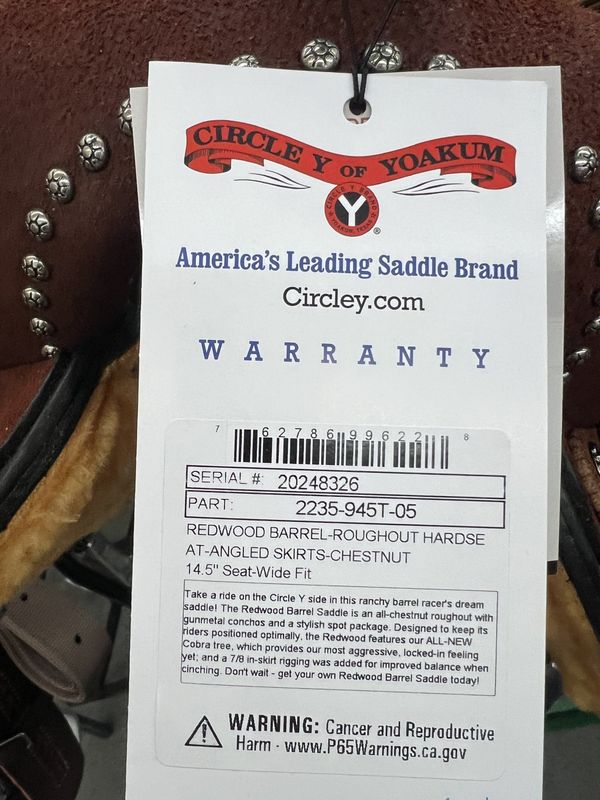 14.5" Circle Y Redwood Barrel Saddle Wide fit