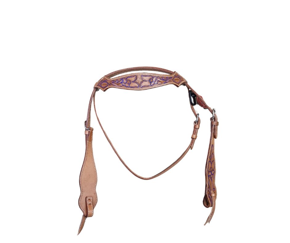 BUFFALO LEATHER TOOLED HEADSTALL W/PAINTED PURPLE ACCENTS