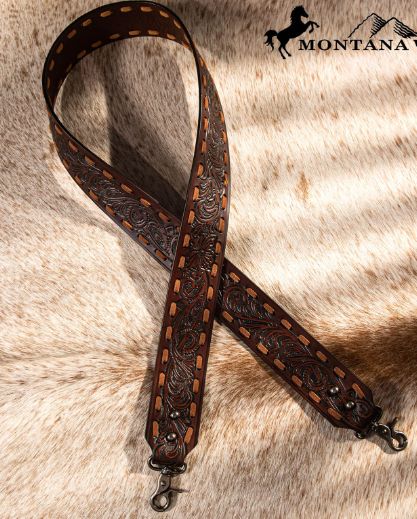 PST-1002 MONTANA WEST WESTERN GUITAR FLORAL TOOLED CROSSBODY STRAP - COFFEE
