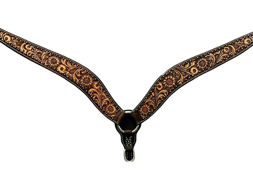 BAR H EQUINE SUNFLOWER FLORAL HAND CARVED BREAST COLLAR