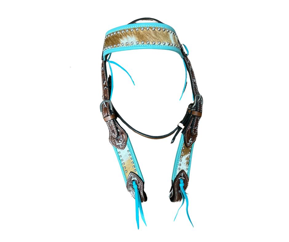 BUFFALO LEATHER CODY PRO PONY TURQUOISE HAIRON BROWBAND HEADSTALL
