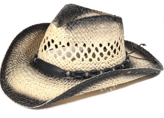 STRAW BRAID BEAD STRAP COWBOY HAT