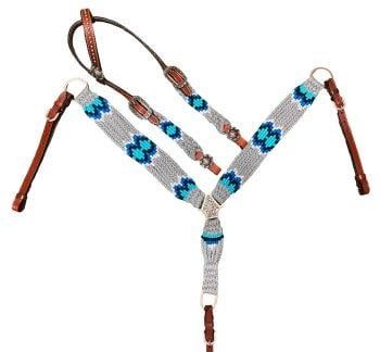 SHOWMAN PONY SIZE CORDED ONE EAR HEADSTALL AND BREAST COLLAR SET- GRAY/BLUE