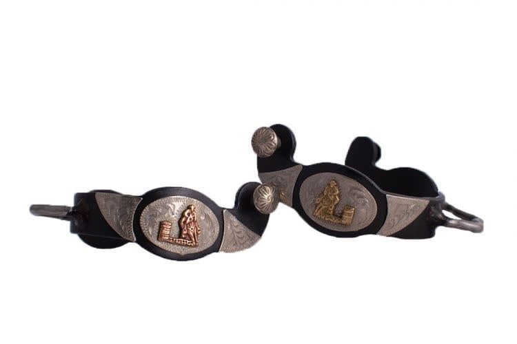 SHOWMAN LADIES BLACK BUMPER SPUR W/COPPER &amp; GOLD BARREL RACER
