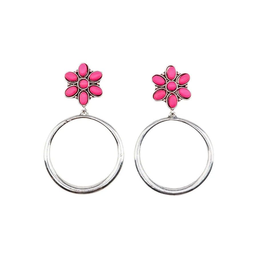 SILVER DANGLE HOOP EARRING ON PINK FLOWER POST