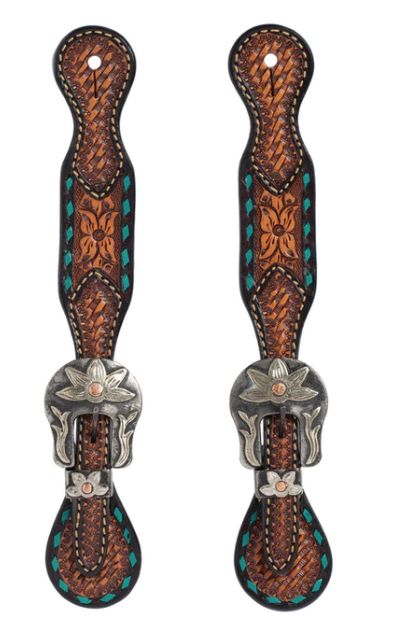 WEAVER TURQUOISE CROSS LADIES&#39; SPUR STRAPS, FLORAL BUCKSTITCH