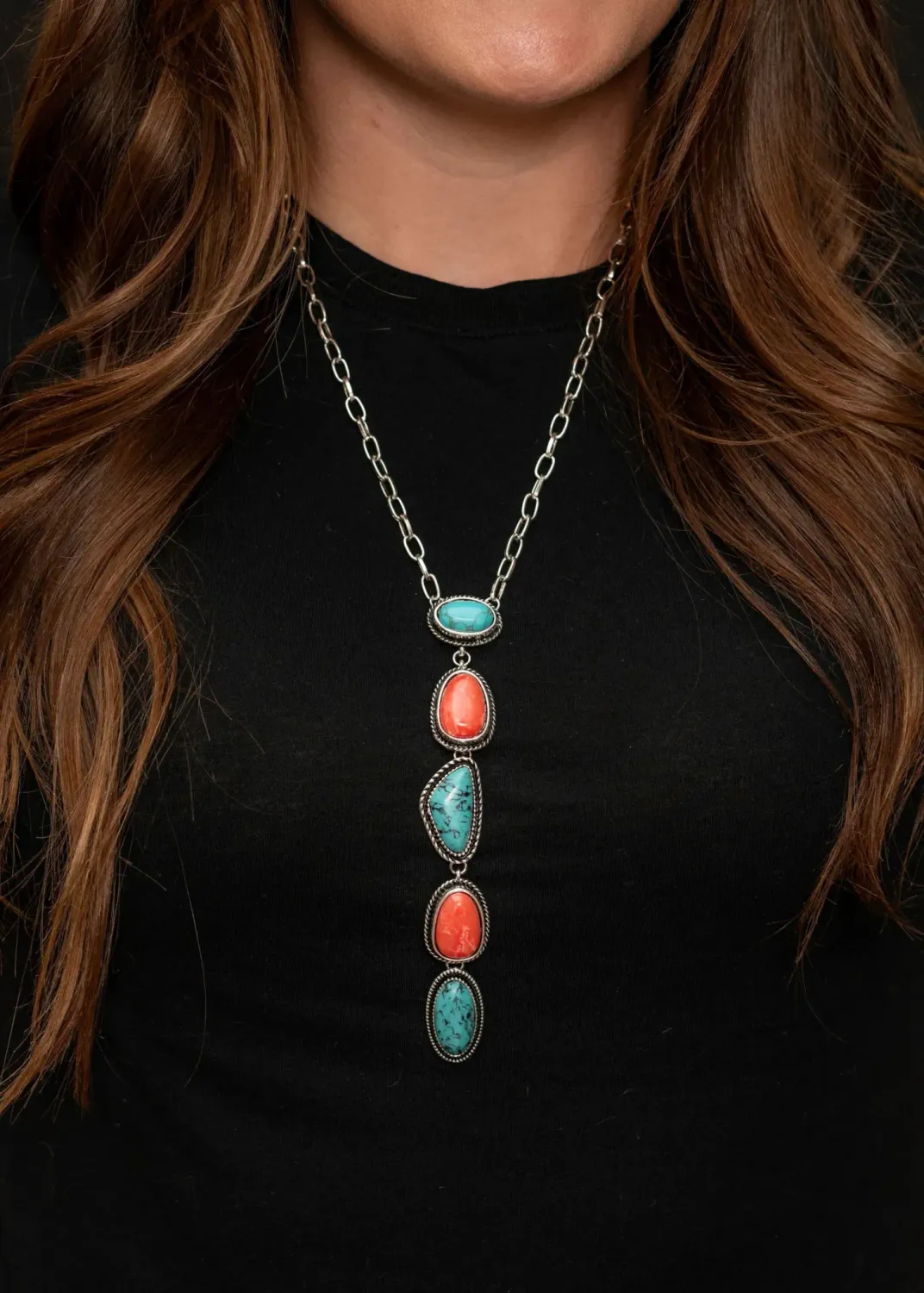 WEST &amp; CO. CHAIN NECKLACE WITH CORAL &amp; TURQUOISE 5 STONE DROP
