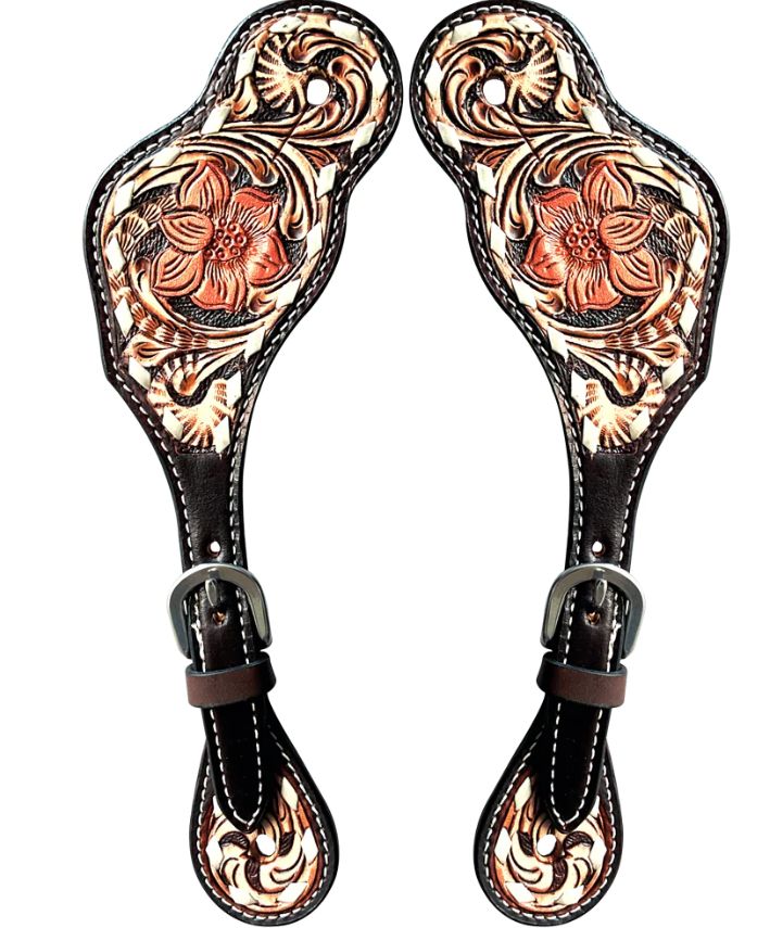BER351-SP BAR H EQUINE FLORAL HAND CARVED SPUR STRAPS