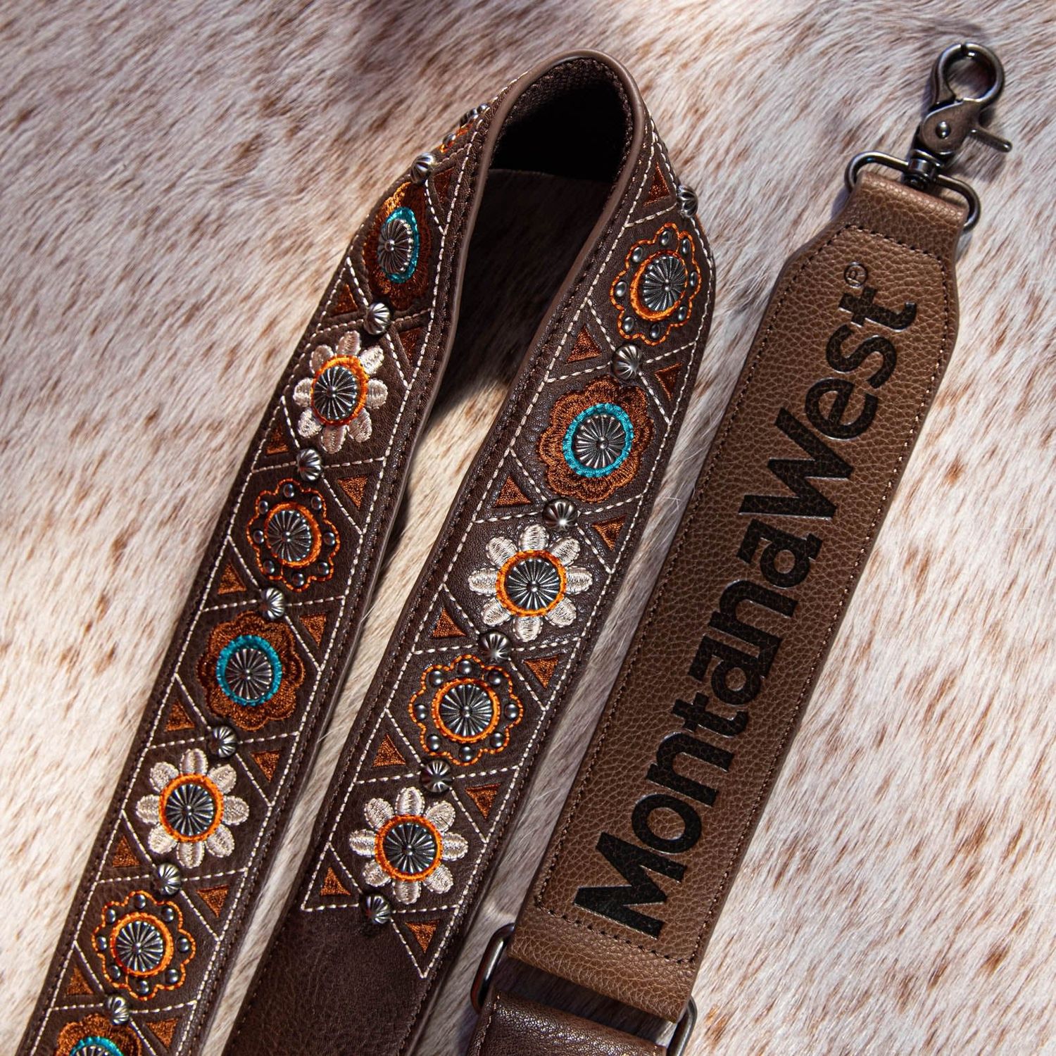 MONTANA WEST WESTERN GUITAR EMBROIDERED CROSSBODY STRAP - COFFEE