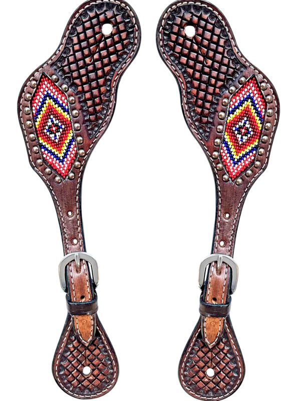 BAR H EQUINE BEADED DIAMOND HAND TOOLED SPUR STRAP