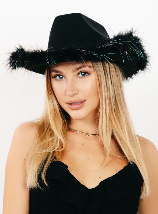 MMT8959BK FAUX FEATHER TRIM BLACK COWBOY HAT