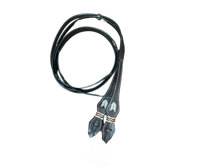 BUFFALO LEATHER PONY WESTERN SPLIT REIN W/TAN WEAVE