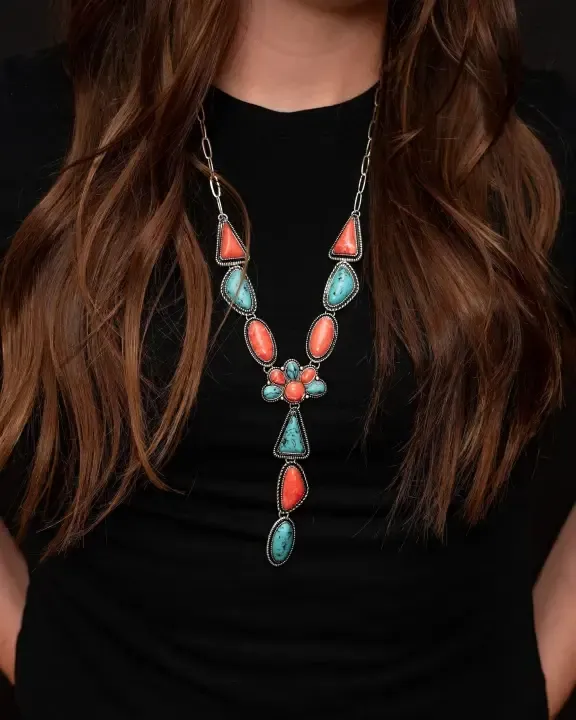 WEST &amp; CO. 28" TURQUOISE &amp; CORAL CONCHO LARIAT NECKLACE