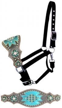 NYLON BRONC HALTER WITH GRAY LEATHER NOSEBAND &amp; TEAL ACCENTS