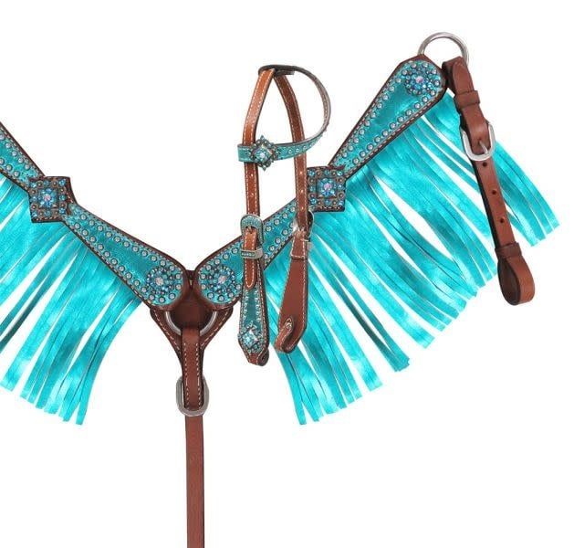 MINI SIZE HEADSTALL &amp; BREAST COLLAR SET WITH METALLIC OVERLAY AND FRINGE