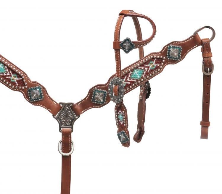 SHOWMAN PONY ONE EAR HEADSTALL WITH TEAL BEADED INLAY