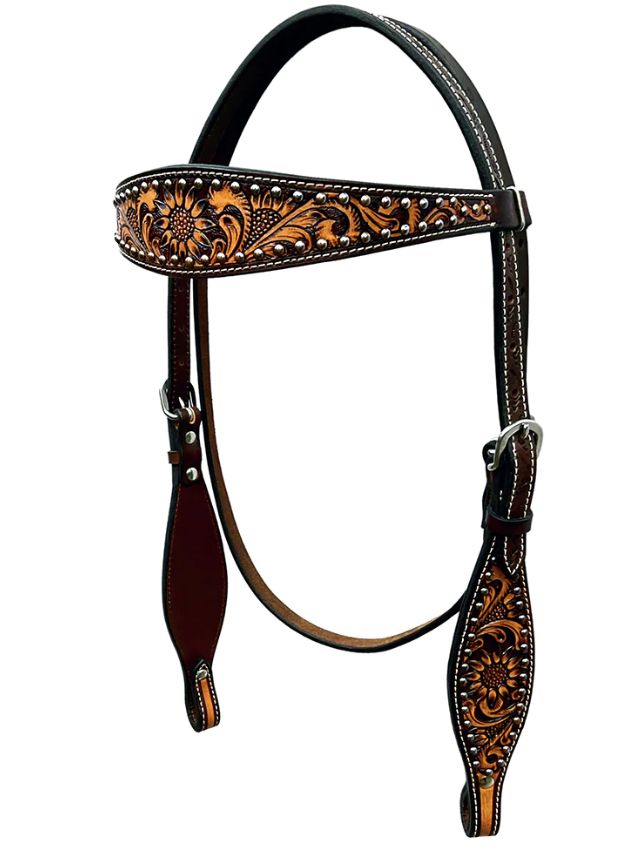 BAR H EQUINE SUNFLOWER FLORAL HAND CARVED HEADSTALL
