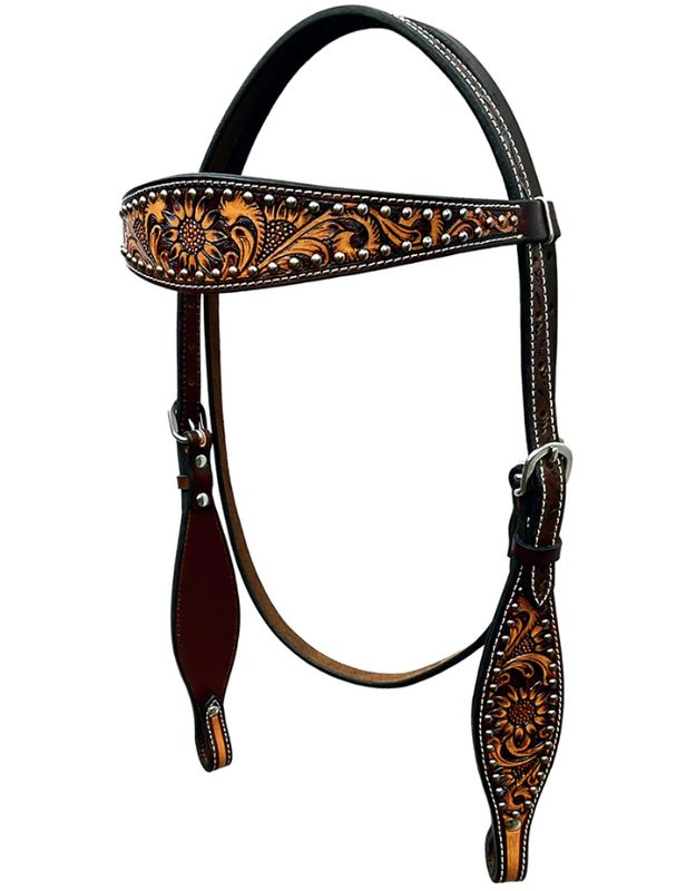 BAR H EQUINE SUNFLOWER FLORAL HAND CARVED HEADSTALL