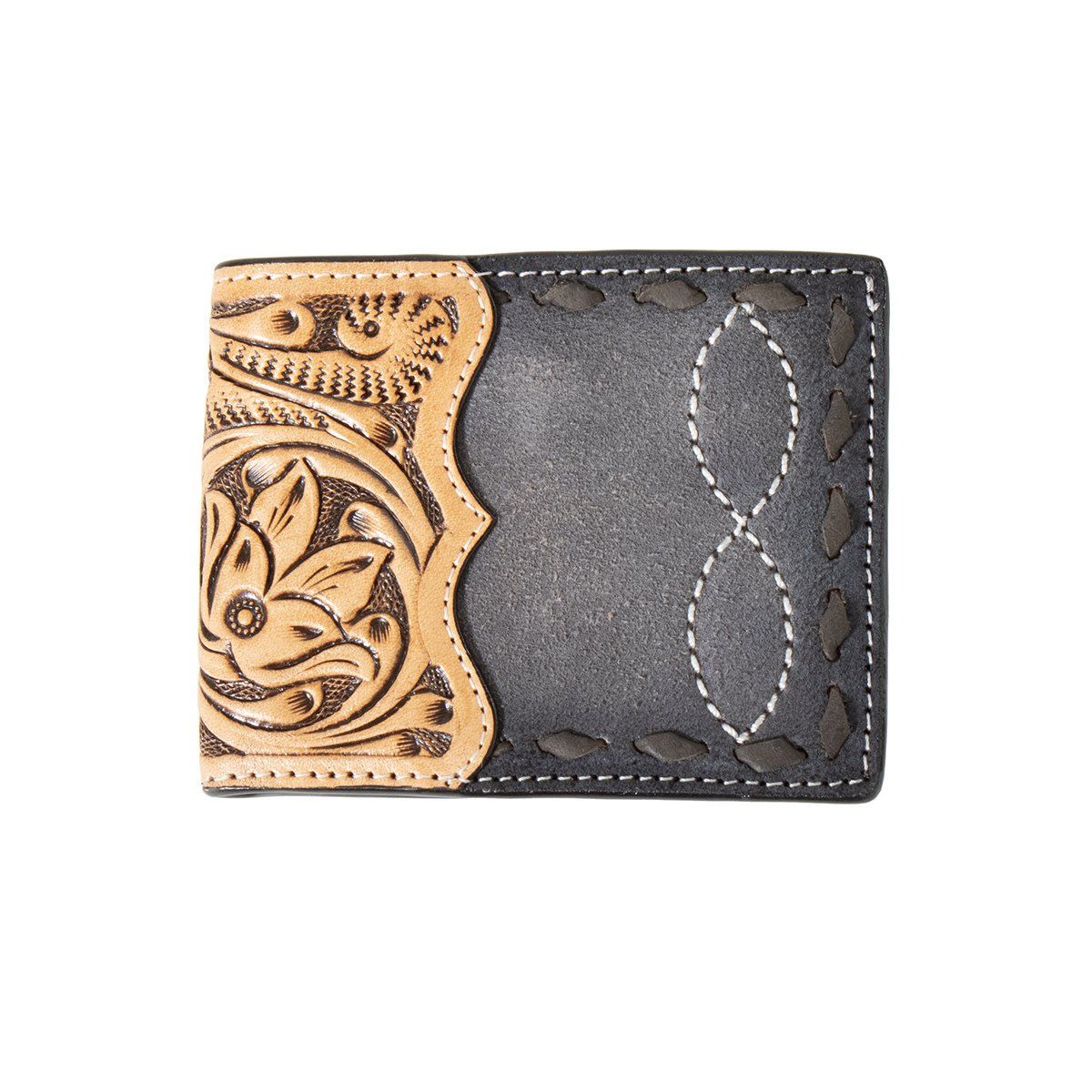 7 3D ROUGHTOUT LEATHER BUCK LACED FLORAL BIFOLD WALLET