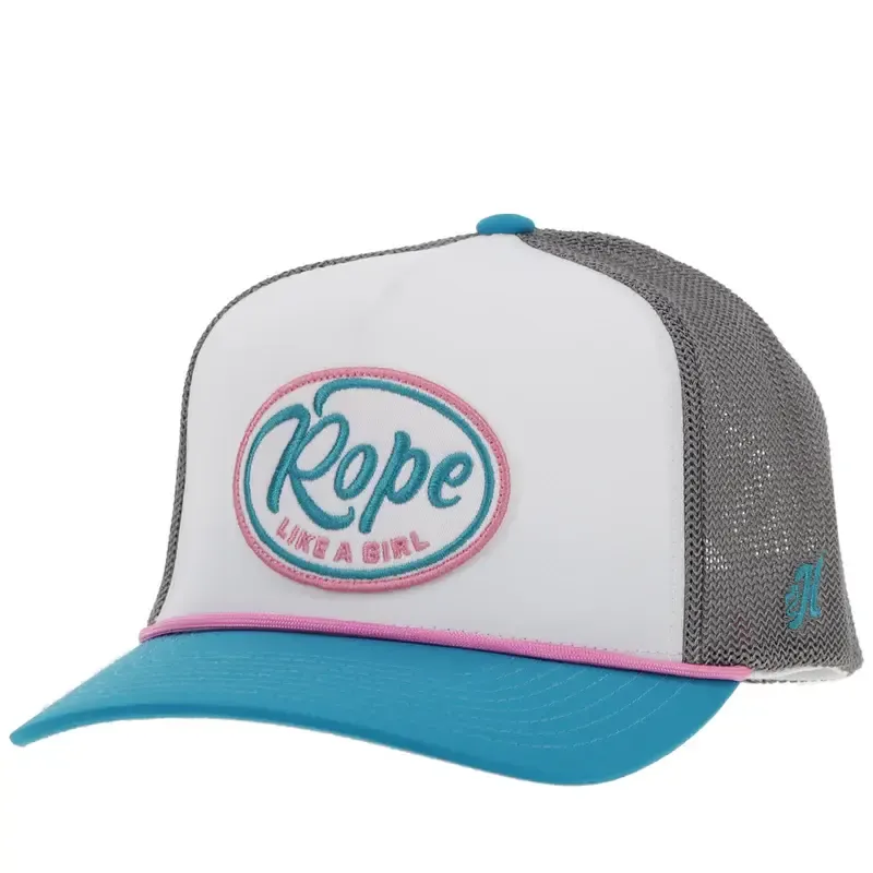 HOOEY &quot;ROPE LIKE A GIRL&quot; HAT WHITE/GREY W/PINK/TURQUOISE &amp; WHITE PATCH