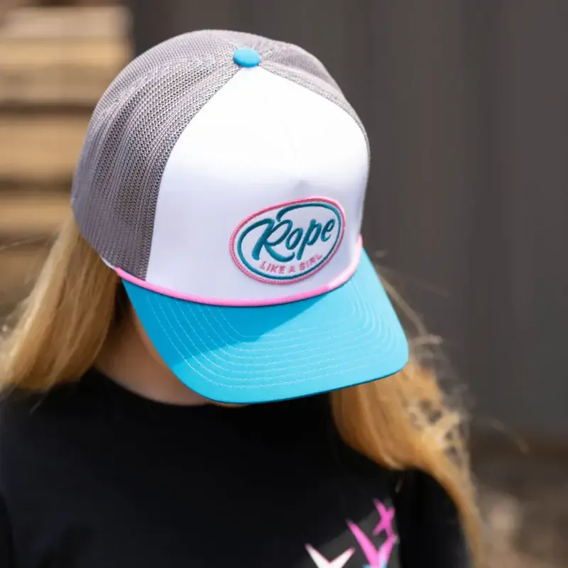 HOOEY "ROPE LIKE A GIRL" HAT WHITE/GREY W/PINK/TURQUOISE &amp; WHITE PATCH