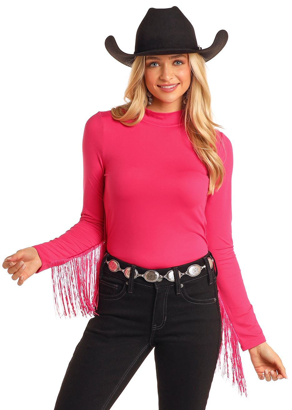 MOCK NECK TOP WITH FRINGE