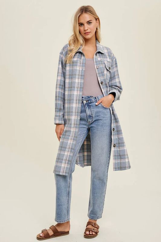 BRUSHED PLAID LONG SHACKET WITH POCKETS
