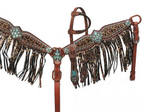 SHOWMAN PONY BEJEWELED METALLIC LEOPARD HEADSTALL AND BREASTCOLLAR SET