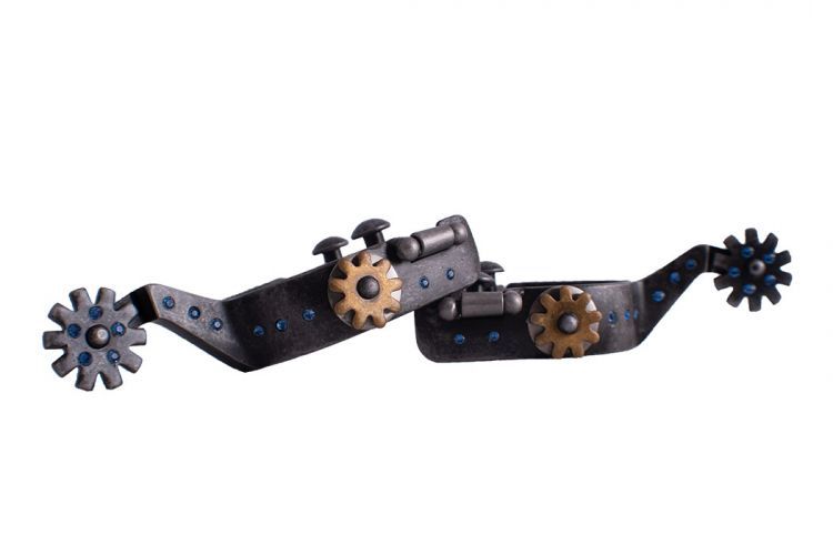 SHOWMAN ANTIQUE GRAY STEEL SPUR WITH BLUE RHINESTONES