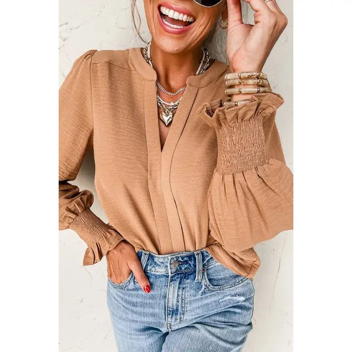 SHIRRED LONG SLEEVE V-NECK BLOUSE