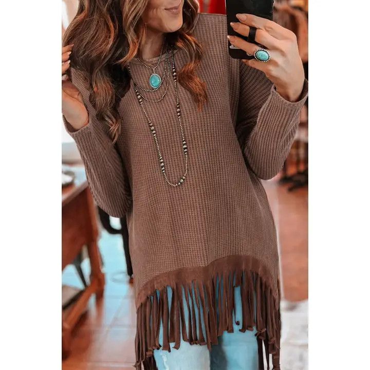 WAFFLE KNIT SUEDE FRINGE TOP
