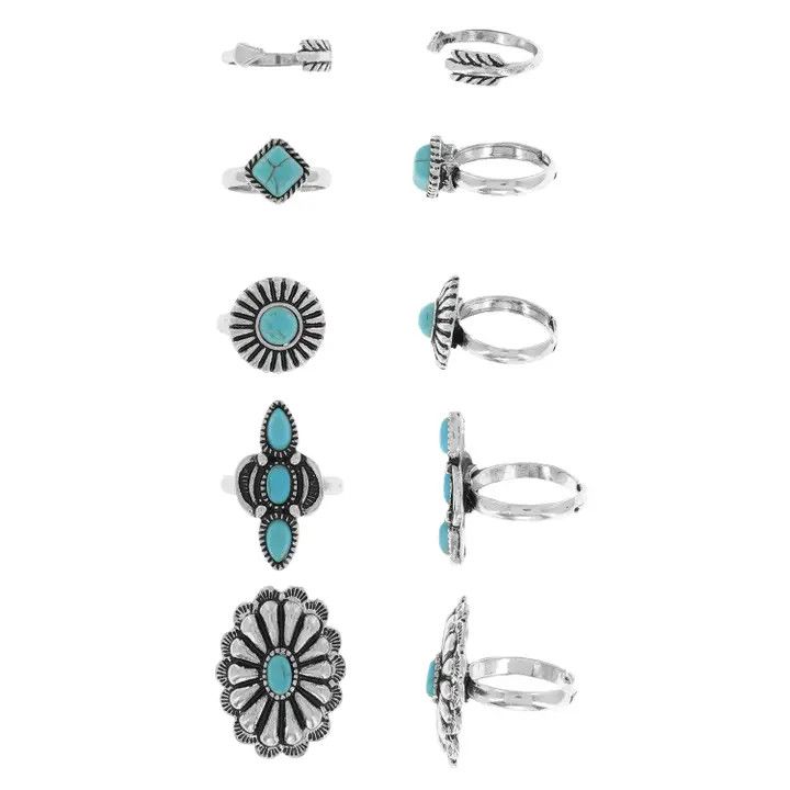 5 PIECE WESTERN VINTAGE TURQUOISE STONE RING SET