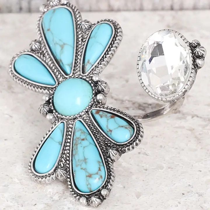 WESTERN JEWELED FLORAL TURQUOISE CUFF RING