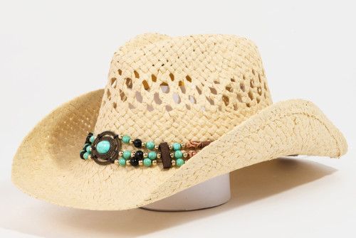 BEADED DECOR STRAW WEAVE COWBOY HAT