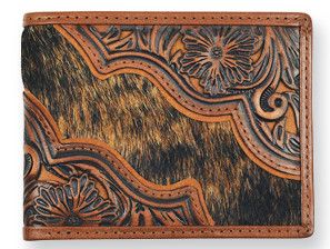 JUSTIN FLORAL TOOLING WITH BRINDLE HAIR ON BIFOLD WALLET