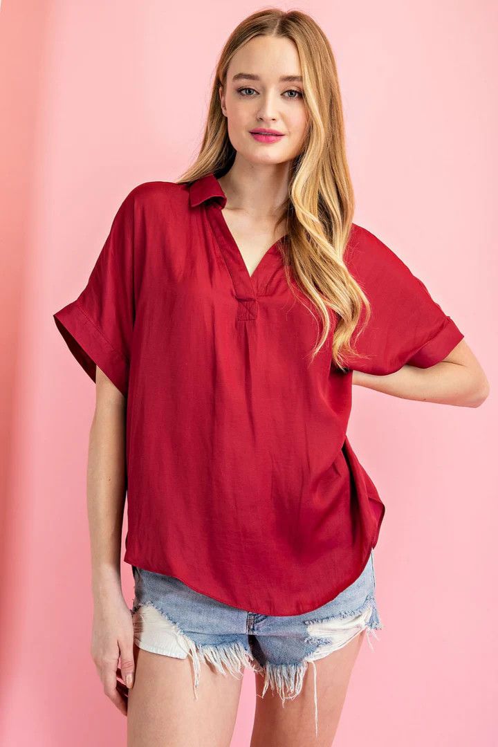 PLUS SIZE COLLARED V-NECK BLOUSE