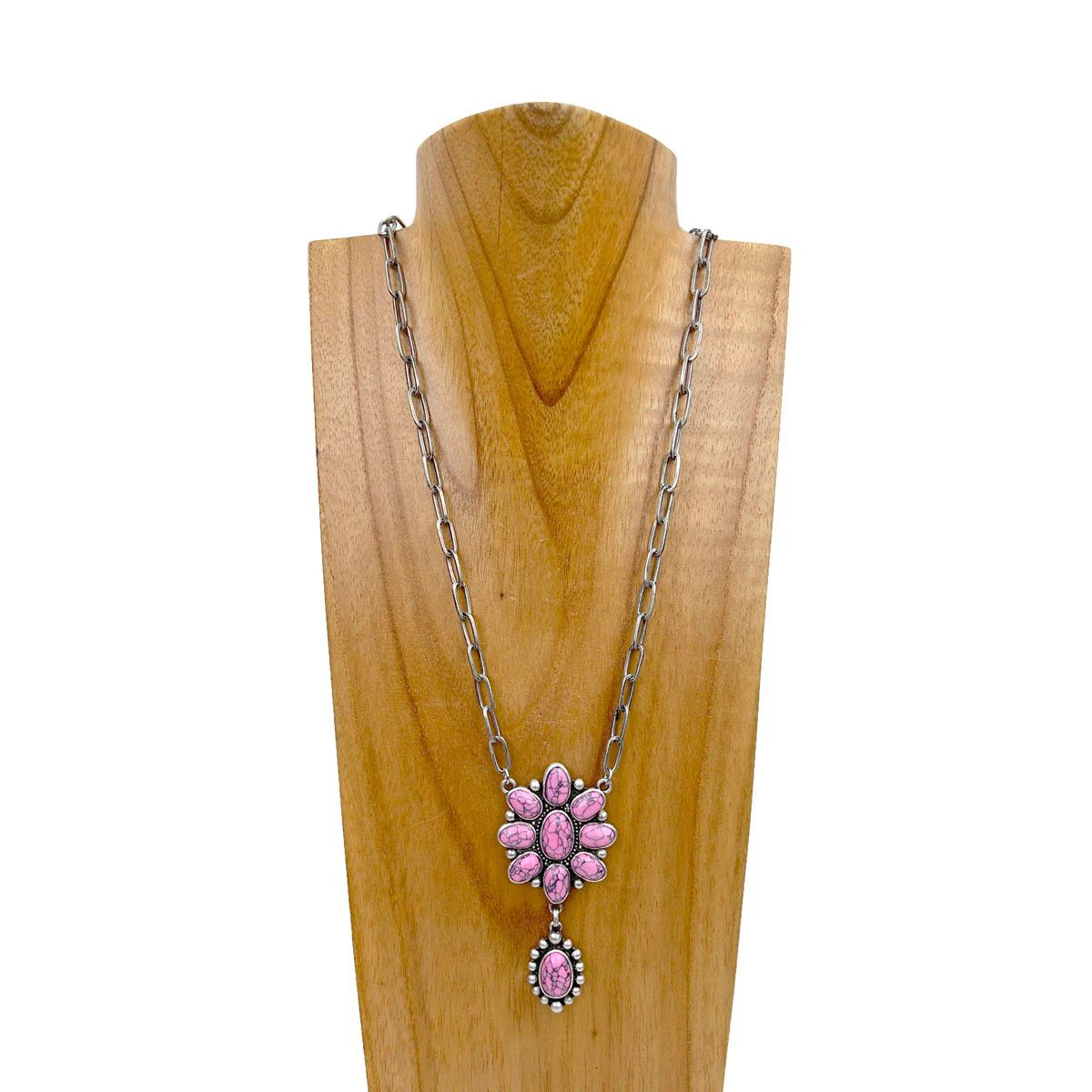 SILVER METAL CHAIN WITH STONE FLOWER CONCHO PENDANT NECKLACE