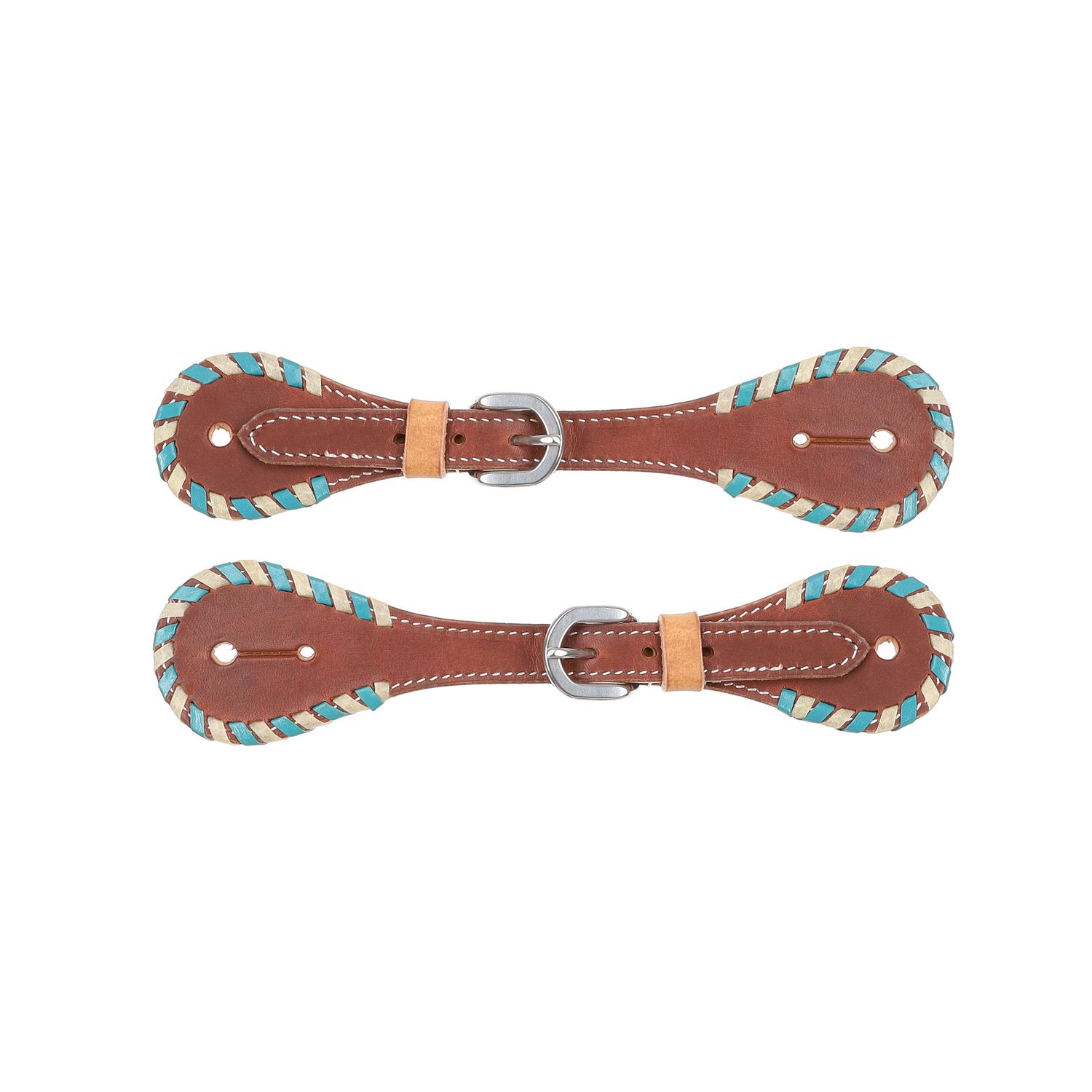 SHOWMAN LADIES COW LEATHER SPUR STRAP WITH WHITE &amp; TEAL RAWHIDE