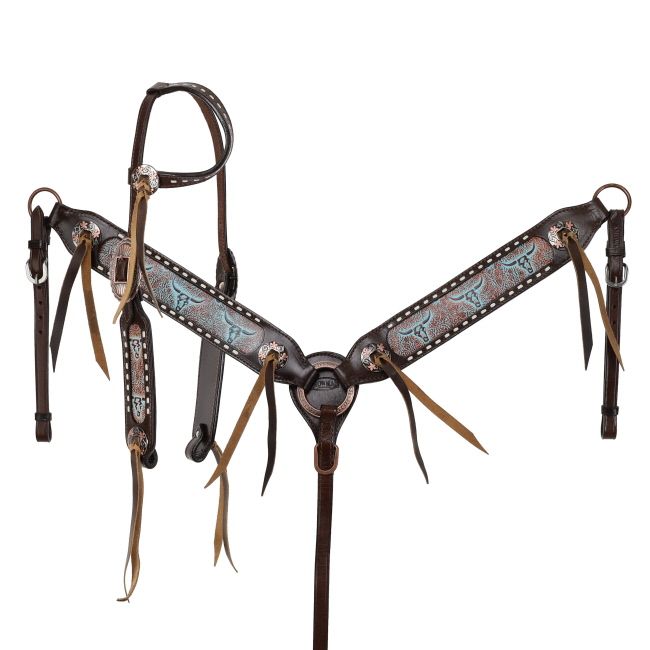 SHOWMAN WEATHERED STEER ONE EAR HEADSTALL AND BREASTCOLLAR SET