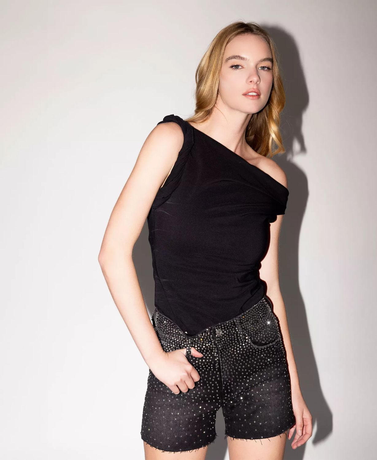 VERVET SUPER HIGH RISE RHINESTONE A LINE SHORT