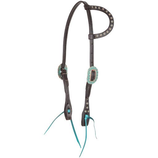 MARTIN SADDLERY SLIP EAR HEADSTALL WITH TURQUOISE DOTS &amp; BUCKLES, Color: CHOCOLATE