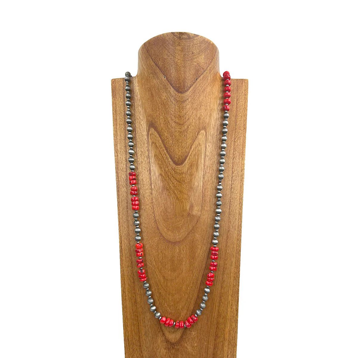 SILVER NAVAJO BEADS WITH RED COLOR CAROL NECKLACE