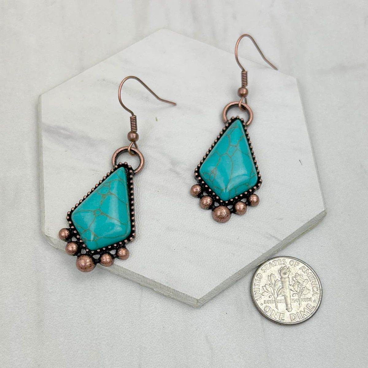 COPPER METAL WITH BLUE TURQUOISE STONE EARRINGS