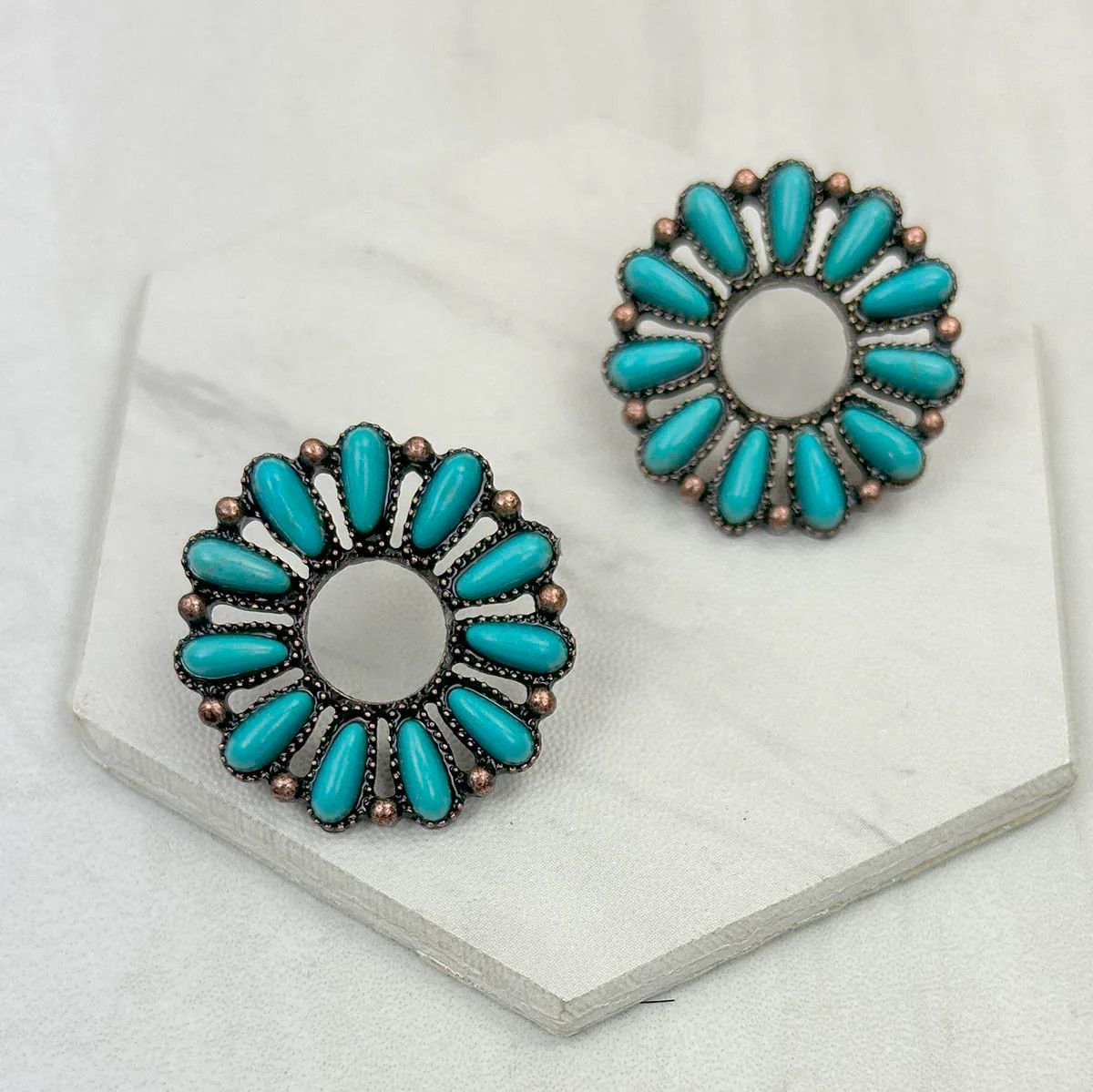 COPPER METAL WITH TURQUOISE BLUE STONE EARRINGS
