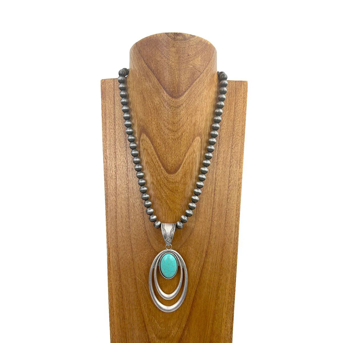 SILVER NAVAJO BEADS WITH BLUE TURQUOISE OVAL PENDANT